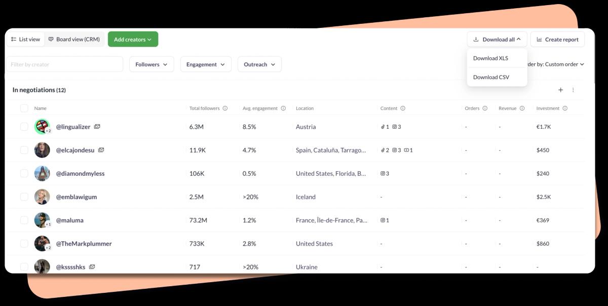 Download icon showing export of an influencer list in CSV format