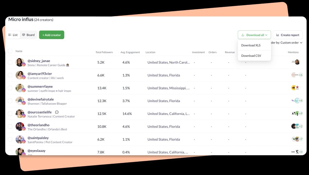 User-friendly interface for exporting influencer lists using Heepsy.